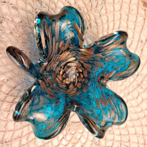 VINTAGE VENETIAN MURANO ART GLASS BOWL BLUE TURQUOISE GOLD SWIRL BUBBLES LEAF - Picture 4 of 9
